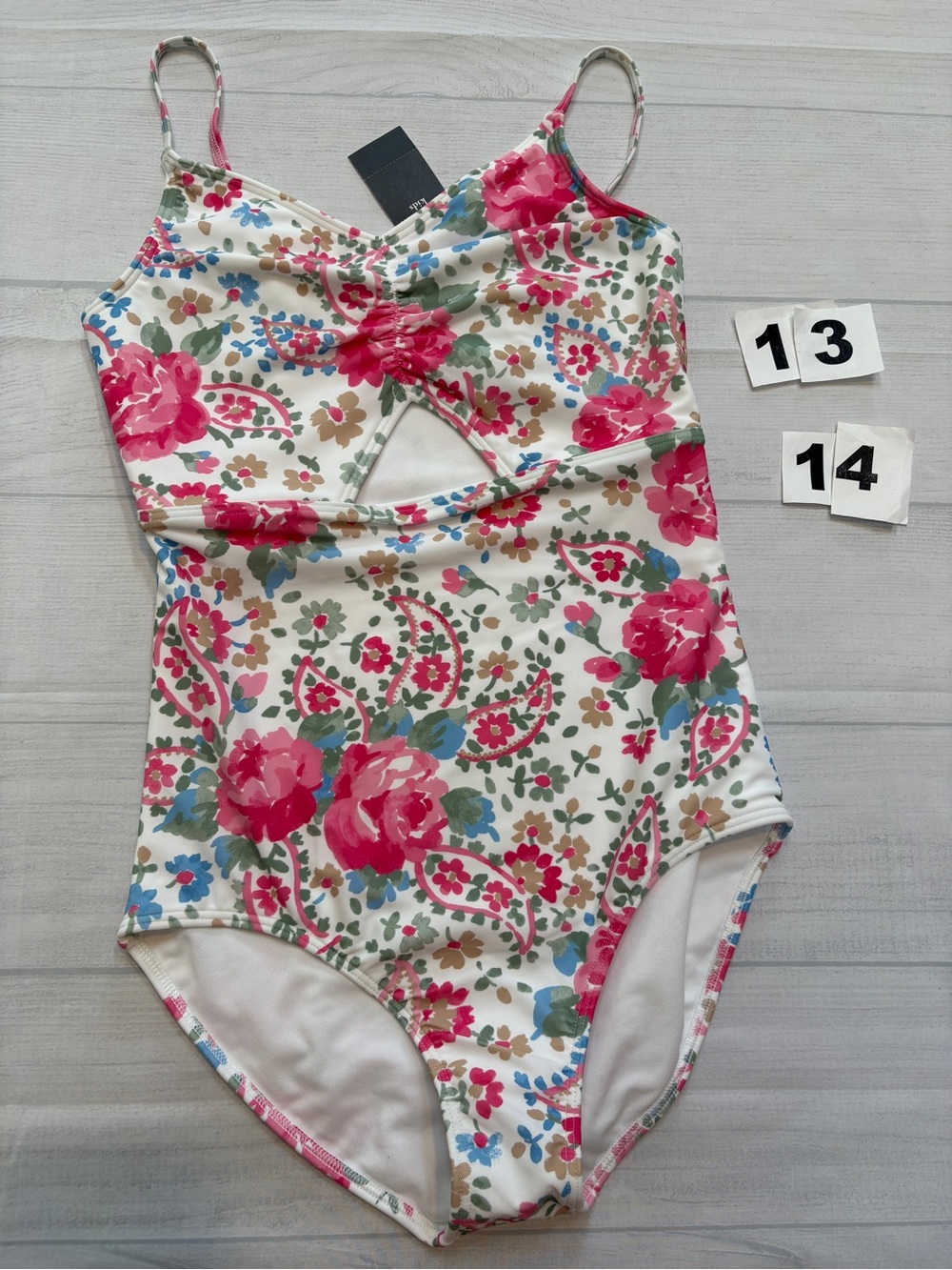 abercrombie kids Floral One-Piece Swimsuit - Pink, Green, Blue on White